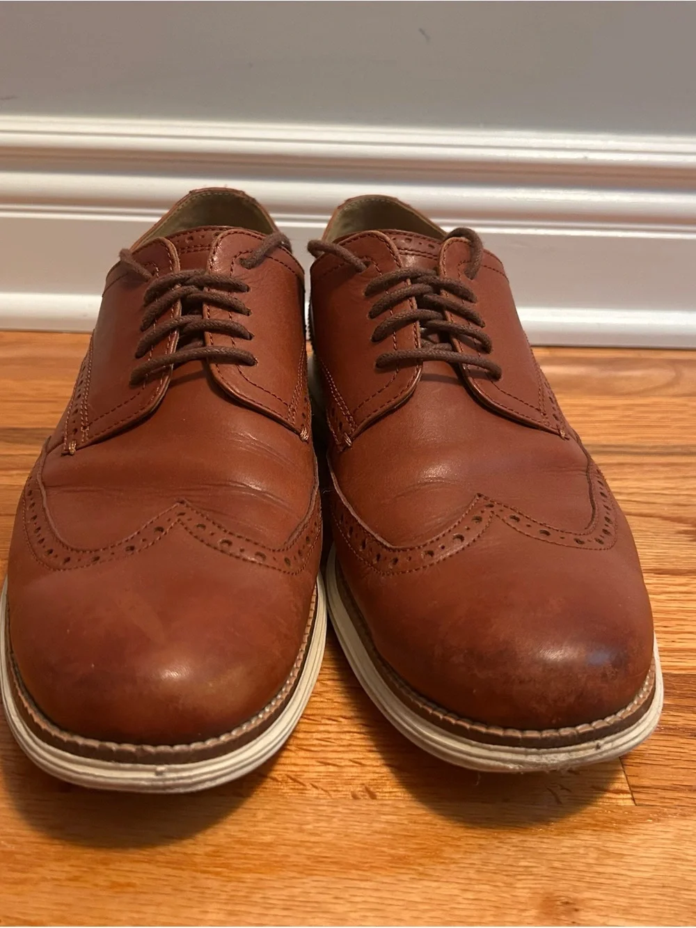 Cole Haan Brown Leather Wingtip Derby Oxfords with White Contrast Sole